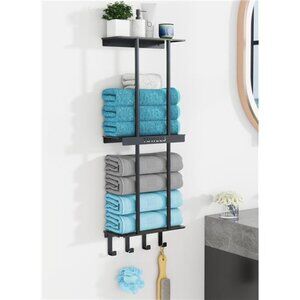 Bathroom Towel Rack w/ Shelf, 3 Tier Towel Storage Rack  Wall Mounted w/ 4 Hooks